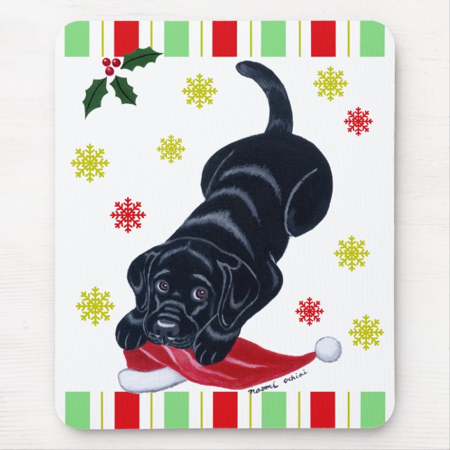 Mousepad Natal preto do filhote de cachorro de Labrador & (Frente)