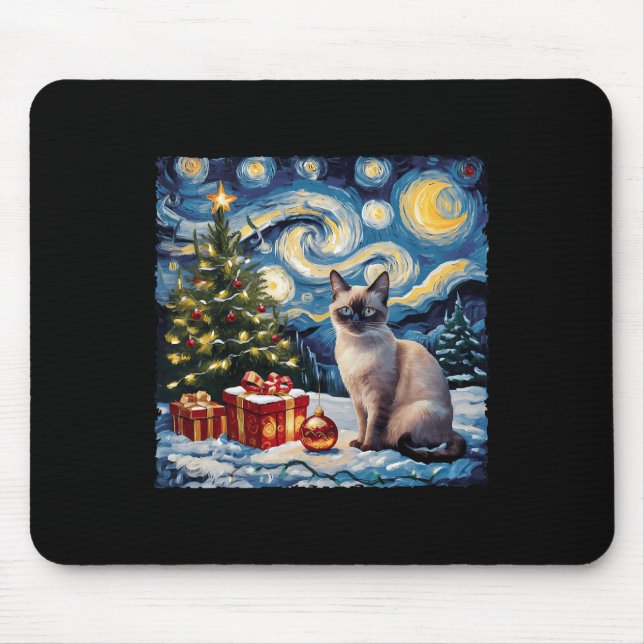 Mousepad Natal Siamês Cat Art Van Gogh A Noite Estrelada (Frente)