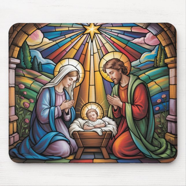 Mousepad Nativity Stained Glass Art – Holy Family Christmas (Frente)