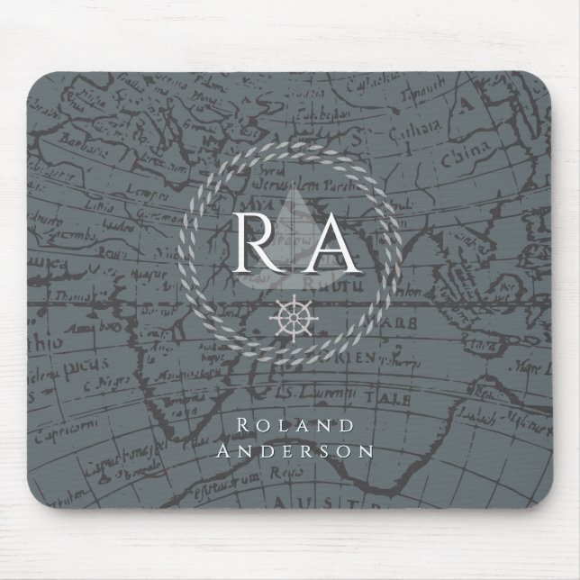Mousepad Nautical Rope Monogram Map Grey (Frente)