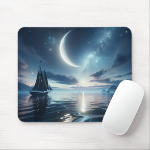 Mousepad Navegação em veleiro na água iluminada pela lua