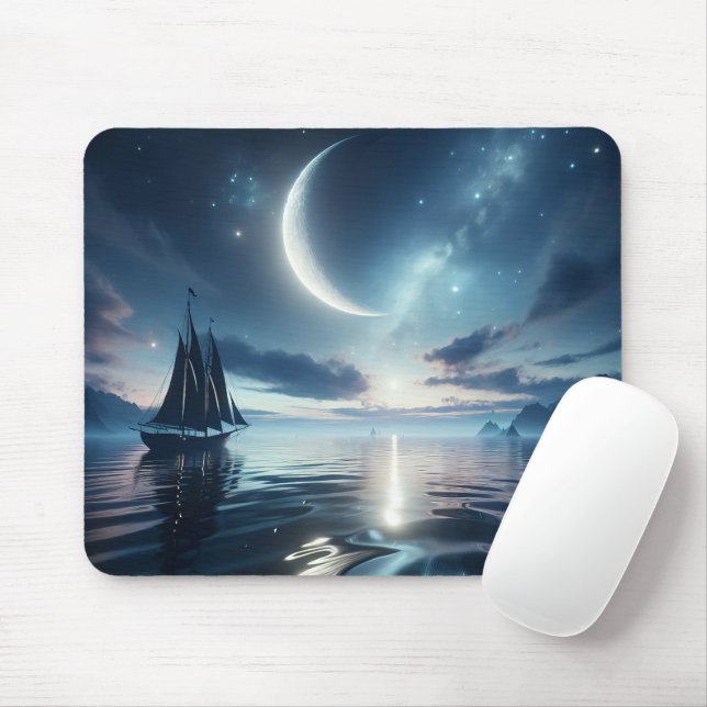 Mousepad Navegação em veleiro na água iluminada pela lua (Com mouse)