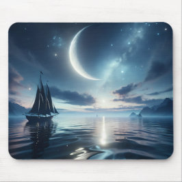 Mousepad Navegação em veleiro na água iluminada pela lua