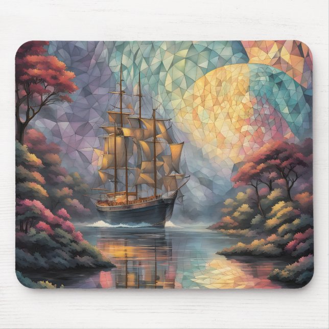 Mousepad Navio à Vela Poligonal e Lua Cheia (Frente)
