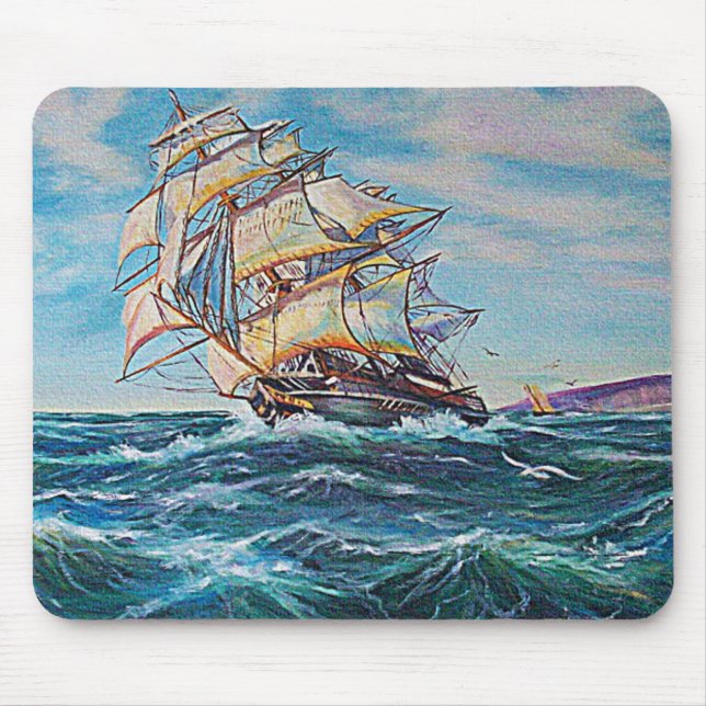 Mousepad Navio de vela na pintura de óleo em águas grossas (Frente)