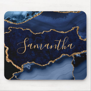 Mousepad Navy Blue and Faux Gold Glitter Marble Agate