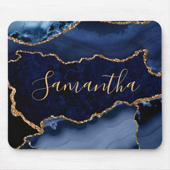Mousepad Navy Blue and Faux Gold Glitter Marble Agate (Frente)