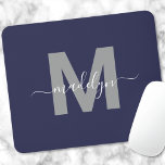 Mousepad Navy Blue Initial Name Monogram<br><div class="desc">Personalized Elegant Modern Navy Blue and White Script Initial Monogram Mouse Pad. Add a touch of sophistication to your workspace with this chic mouse pad. It features a sleek gray initial centered on a rich navy blue background, complemented by a clean and modern design. Combining elegance with practicality, this mouse...</div>