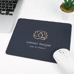 Mousepad Navy & Gold Lotus Logo<br><div class="desc">Chic personalized mousepad for your spa, holistic health & wellness, yoga studio, or massage therapy business features two lines of custom text in classic white lettering, on a rich navy blue background adorned with a faux gold foil lotus flower logo. A silhouette of a meditating person is subtly worked into...</div>