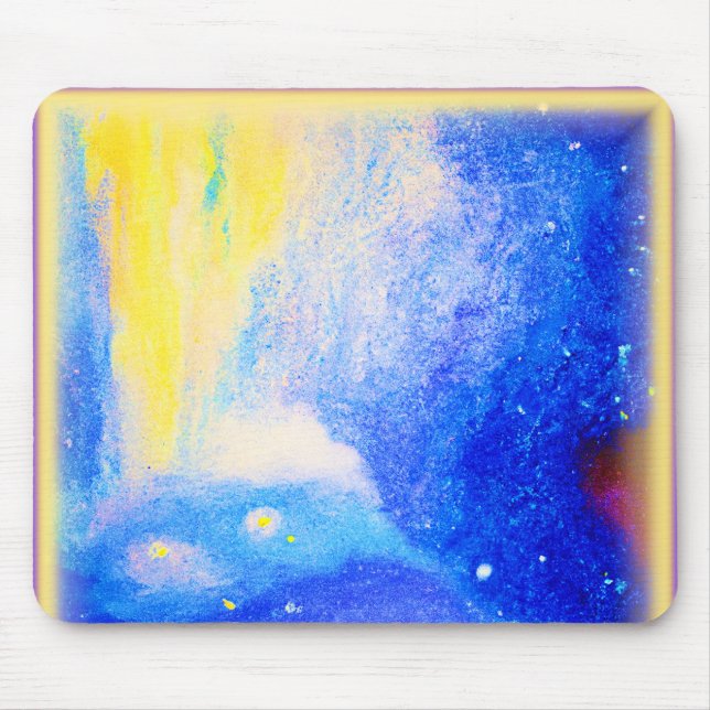 Mousepad Nebula é azul, amarelo e branco leitoso. Comprar A (Frente)