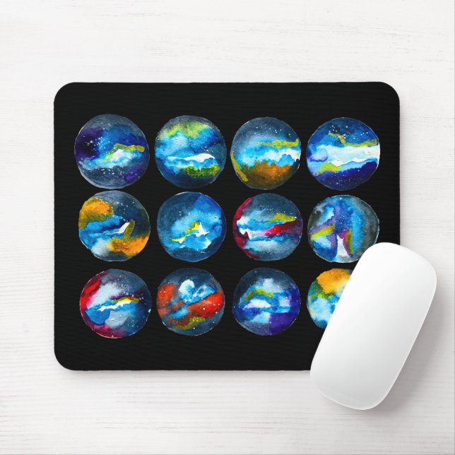 Mousepad Nebulosa galáxia do planeta azul aquarela (Com mouse)