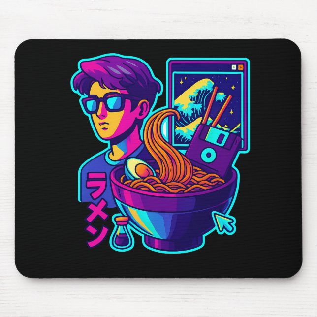 Mousepad Neon Cyber Ramen - Vaporwave - Arte Estética Retro (Frente)