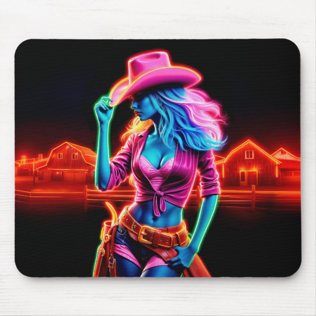 Mousepad Neon fantasiosa vaqueira no rancho brilhante (Frente)