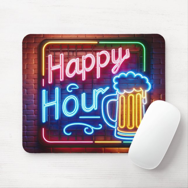 Mousepad Neon Happy Hour Sign on Brick (Com mouse)