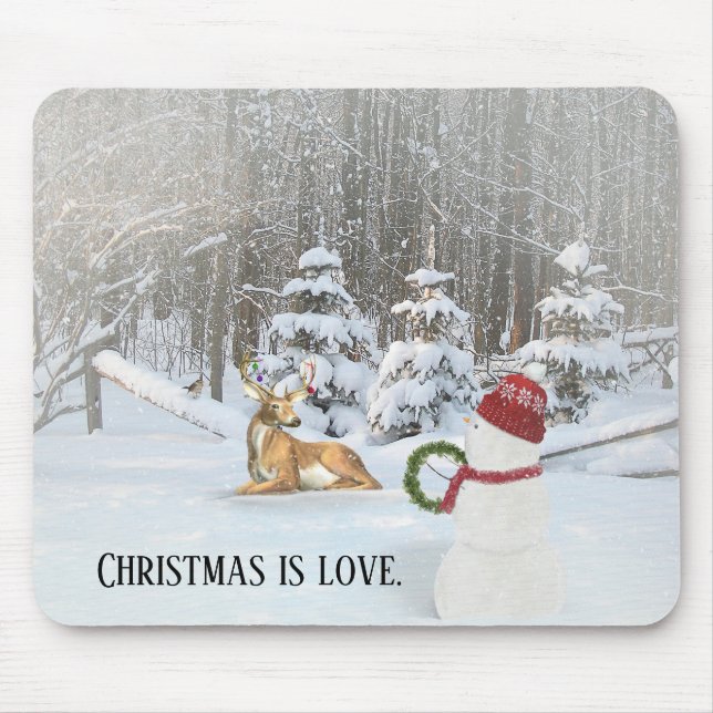 Mousepad Neve de Natal com veado na floresta de inverno (Frente)