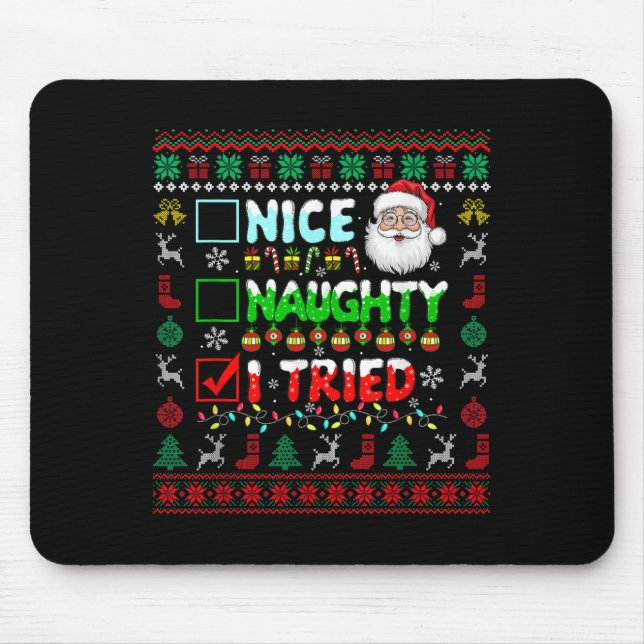 Mousepad Nice Naughty I Tried Funny List Santa Face Christm (Frente)