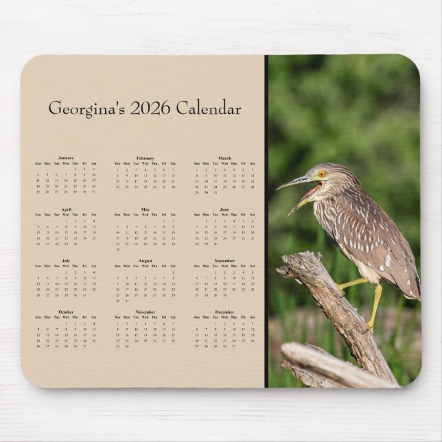 Mousepad Night Heron: Customize full year 2026 calendar  (Frente)