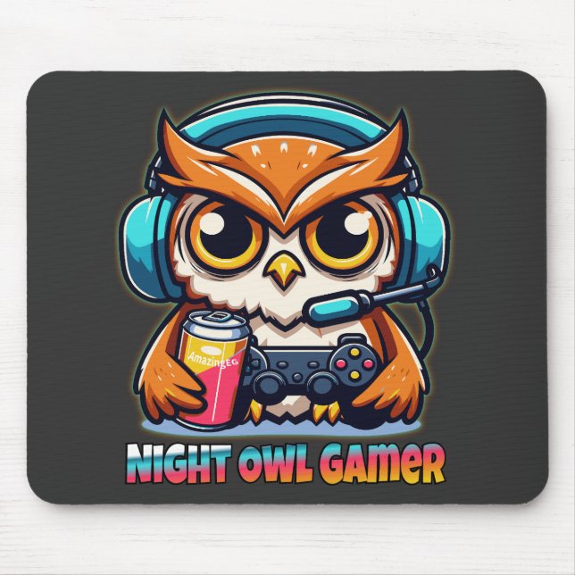 Mousepad Night Owl Gamer Mascot Fun Gaming Illustration (Frente)