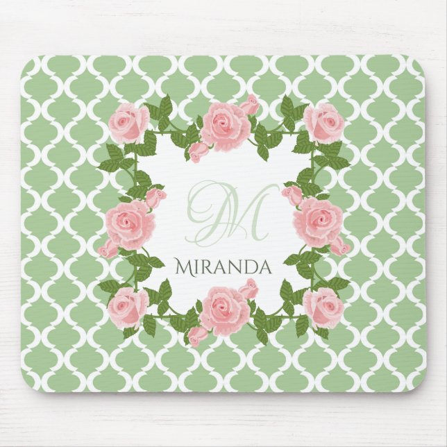 Mousepad Nilo Verde Quatrefoil Rosa Monograma Rosa Rosa Com (Frente)