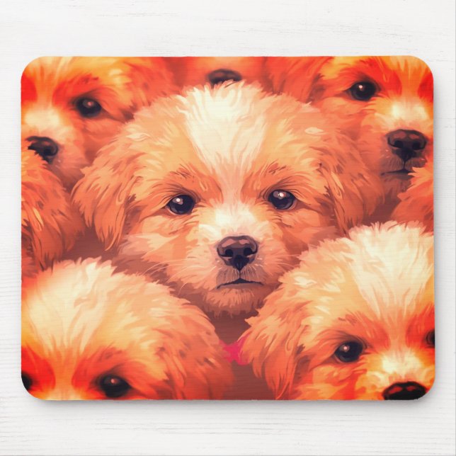 Mousepad Ninhada de Filhotes de Cachorro Fofos em um Tablet (Frente)