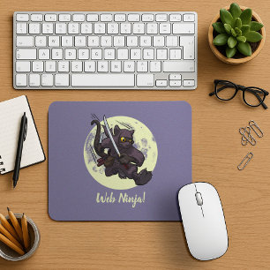 Mousepad Ninja Web Saltando Gato Preto Ninja Katana Cartoon
