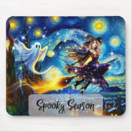 Mousepad Noite Estrelada Desenho de Halloween Bruxa