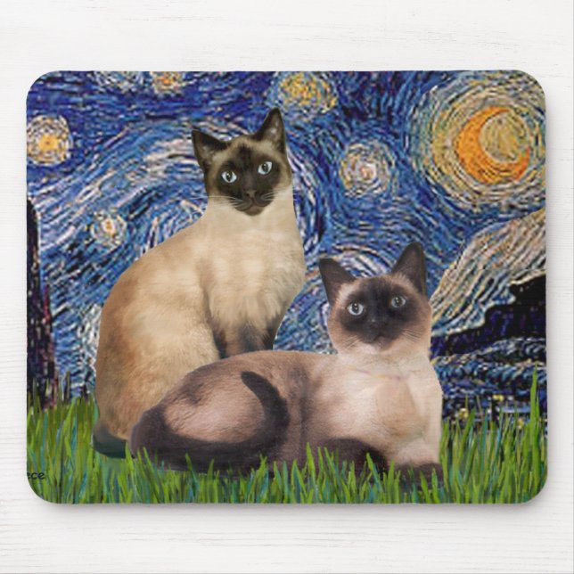 Mousepad Noite Estrelada - Dois gatos siameses (Ponto Choc) (Frente)