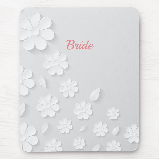 Mousepad Noiva, branco sobre padrão floral branco. (Frente)