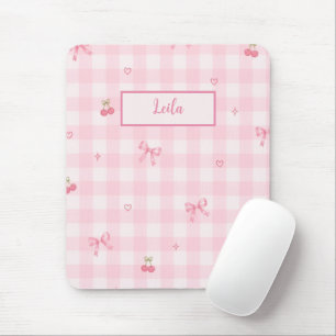 Mousepad Nome com Design de Laço de Cereja em Xadrez Rosa
