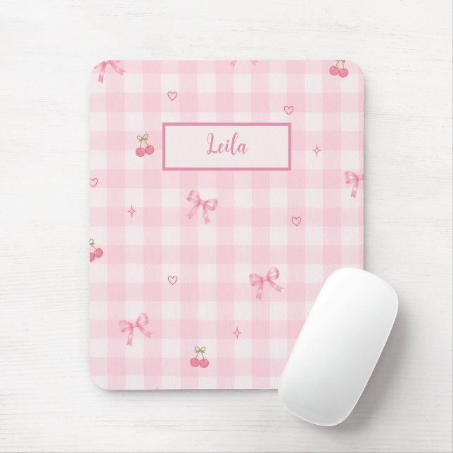 Mousepad Nome com Design de Laço de Cereja em Xadrez Rosa (Com mouse)