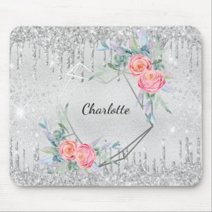 Mousepad Nome cor-de-rosa da cinta floral prateada