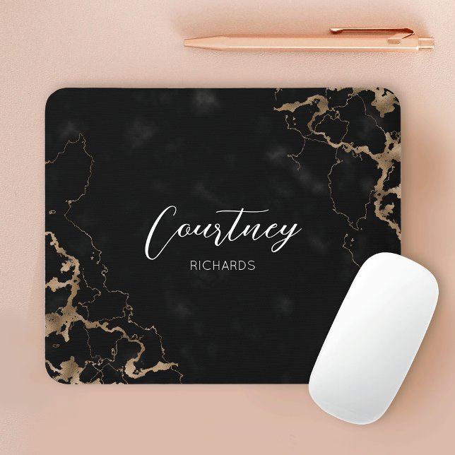 Mousepad Nome da fonte legante do Mármaco preto e Dourado d (Black marble and gold glitter personalized mouse pad with your name or brand logo)
