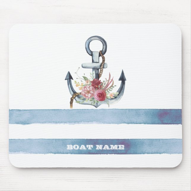Mousepad Nome de Barco Náutico, Âncora Flores Listras (Frente)