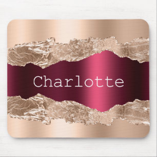Mousepad nome de mármore do agate metal burgundy rosa gold