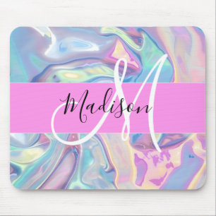 Mousepad Nome de Monograma Holográfico Iridescente Rosa Fem