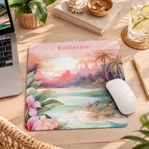 Mousepad Nome de Praia Tropical Rosa Personalizado