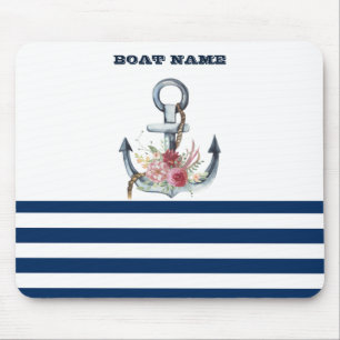 Mousepad Nome do Barco,Flores de Âncora Marinho Blue Strips