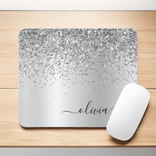 Mousepad Nome do Glam do Monograma do Silver Glitter Metal