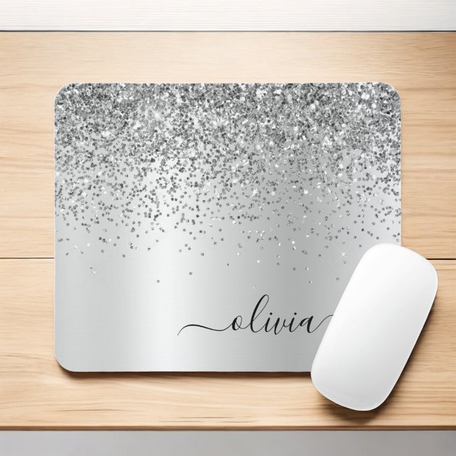 Mousepad Nome do Glam do Monograma do Silver Glitter Metal (Criador carregado)