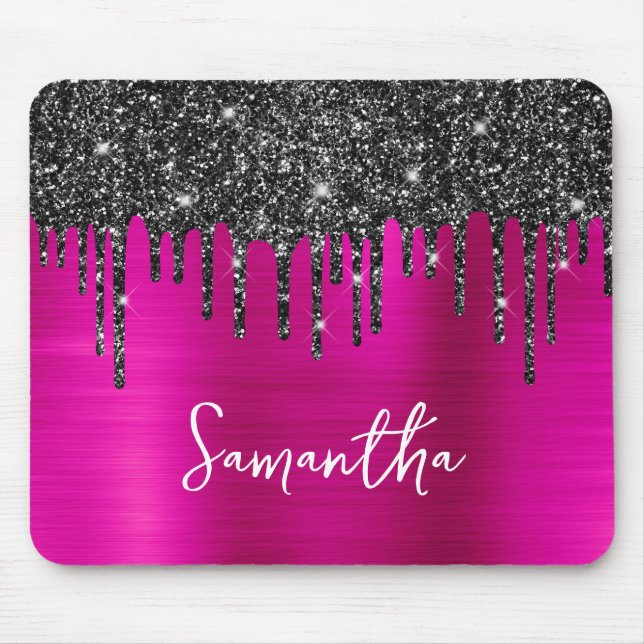 Mousepad Nome do Glam Rosa Quente da Brilhante Preto (Frente)