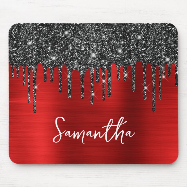 Mousepad Nome do Glam Vermelho da Glitter de Coleta Preta (Frente)