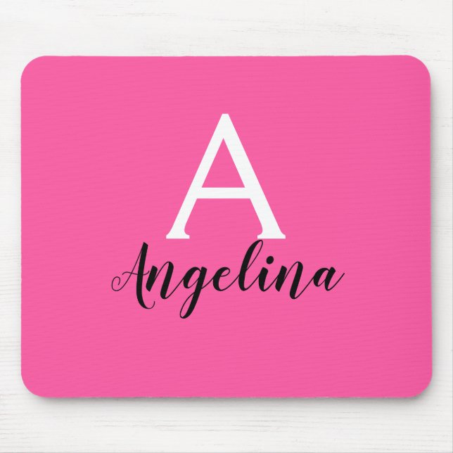 Mousepad Nome do Monograma Branco e Preto - Rosa Quente (Frente)