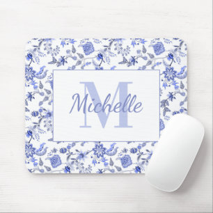 Mousepad Nome do Monograma Branco Floral Azul Elegante