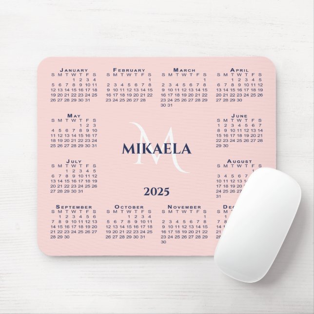 Mousepad Nome do Monograma Chic do Calendário 2025 no Cor-d (Com mouse)
