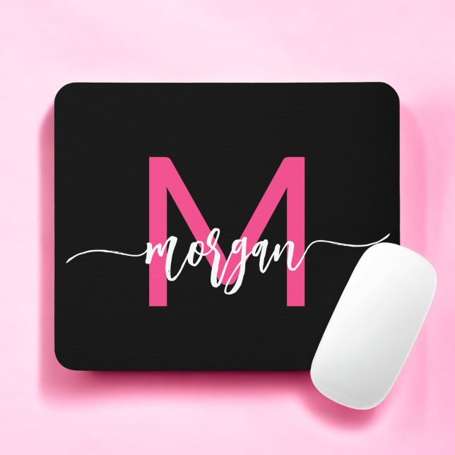 Mousepad Nome do Monograma da Rapariga Preta-Rosa Quente (Criador carregado)
