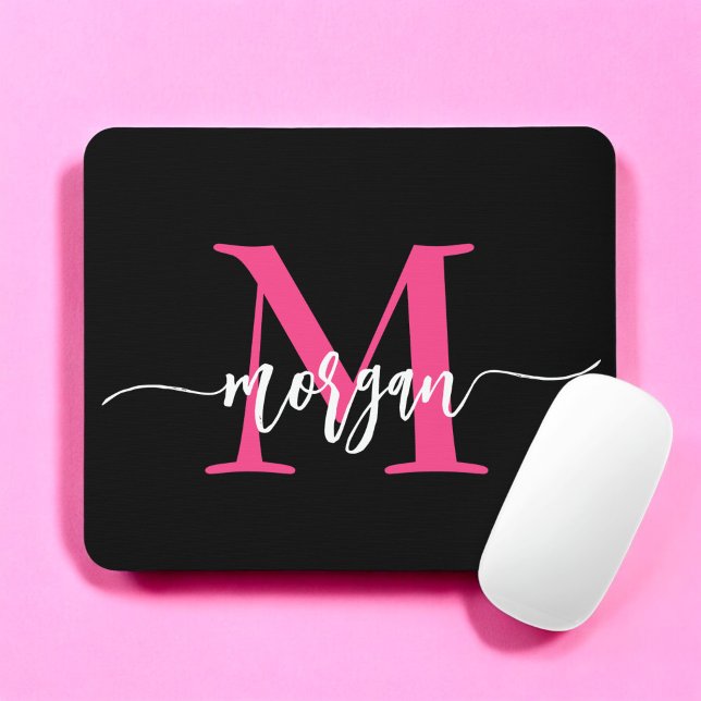 Mousepad Nome do Monograma da Rapariga Preta-Rosa Quente (Criador carregado)