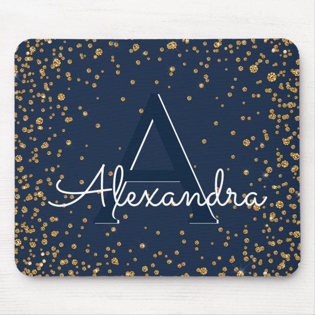 Mousepad Nome do Monograma de Confetti Azul e Dourado (Frente)