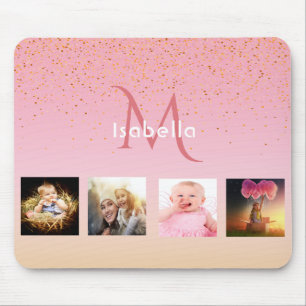 Mousepad Nome do monograma de foto dourado rosa rosa rosa r