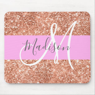 Mousepad Nome do Monograma de Glitter Dourado Rosa Brilhant