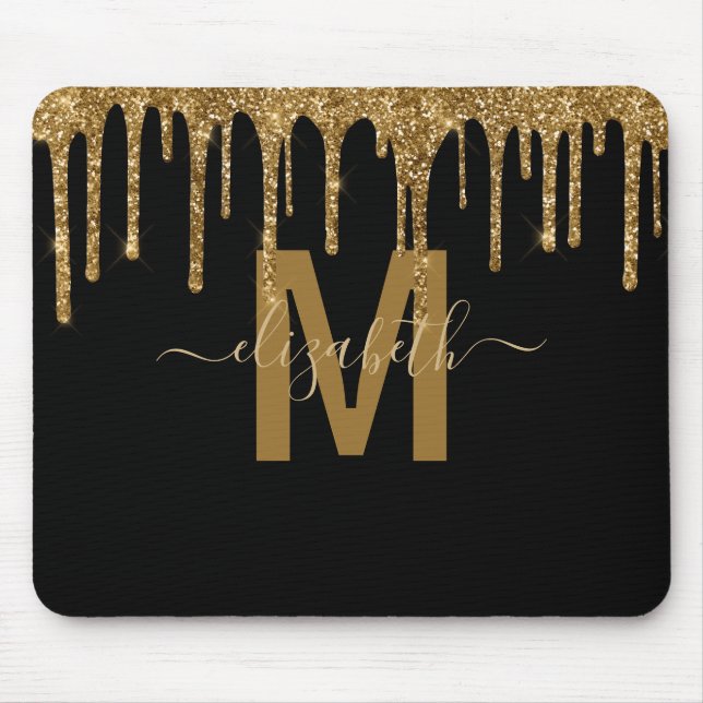 Mousepad Nome do Monograma do Glitter de Disco Dourado (Frente)